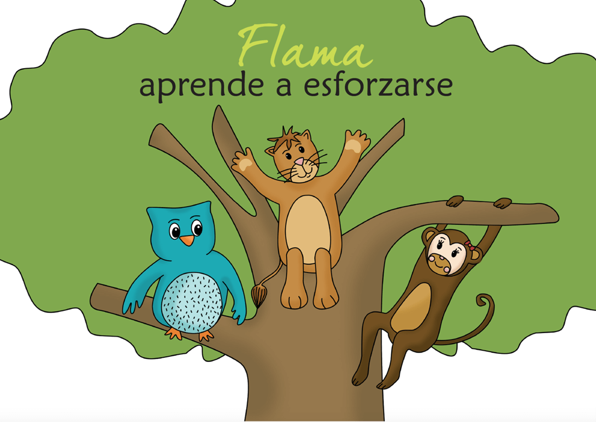 Cuento infantil, Animales caricatura montados en un árbol